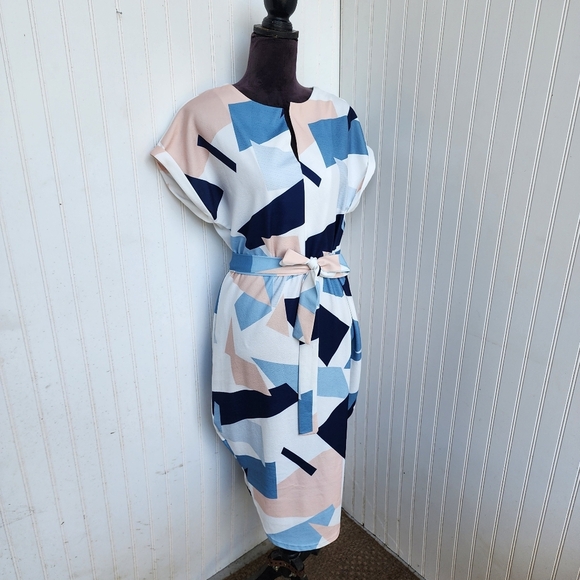 Women's Modern Graphic Design Shirt Dress Knee Length Full Pattern French Sz L - Picture 2 of 11